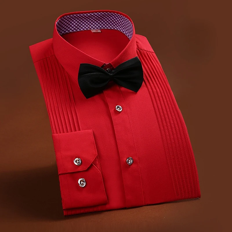 Classic Winged Collar Dress Shirt Men's Wingtip Tuxedo Formal Shirts with Red Black Bow Tie Party Dinner Wedding Bridegroom Tops