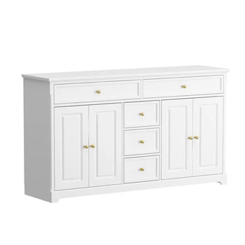 Modern Dresser Cabinet with 5 Drawers & 4 Storage Compartments, Sideboard Cabinet with Adjustable Shelves, White