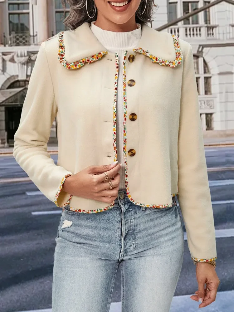 

Jackets Women Autumn Winter Lace Trim Turn-down Collar Single Breasted Jacket Fashion Solid Office Lady Outerwear Winter Clothes