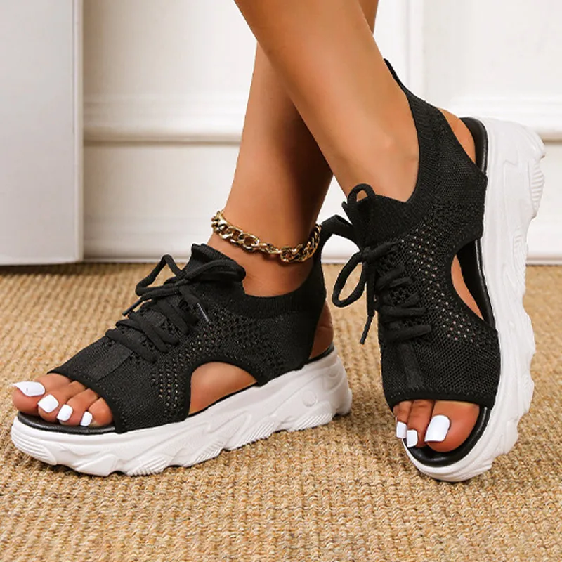 2022 New Summer Women Sandals Knitted Casual Sneakers Platform Thick Soled Woman Shoes Lace Up Sandal Fashion Solid Beach Shoes