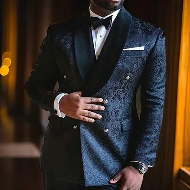 Double Breasted floral Men Suits for Wedding Slim Fit Navy Blue Groom Tuxedos 2 Pcs Set Jacket with Pants Male Fashoin Clothes mens suit