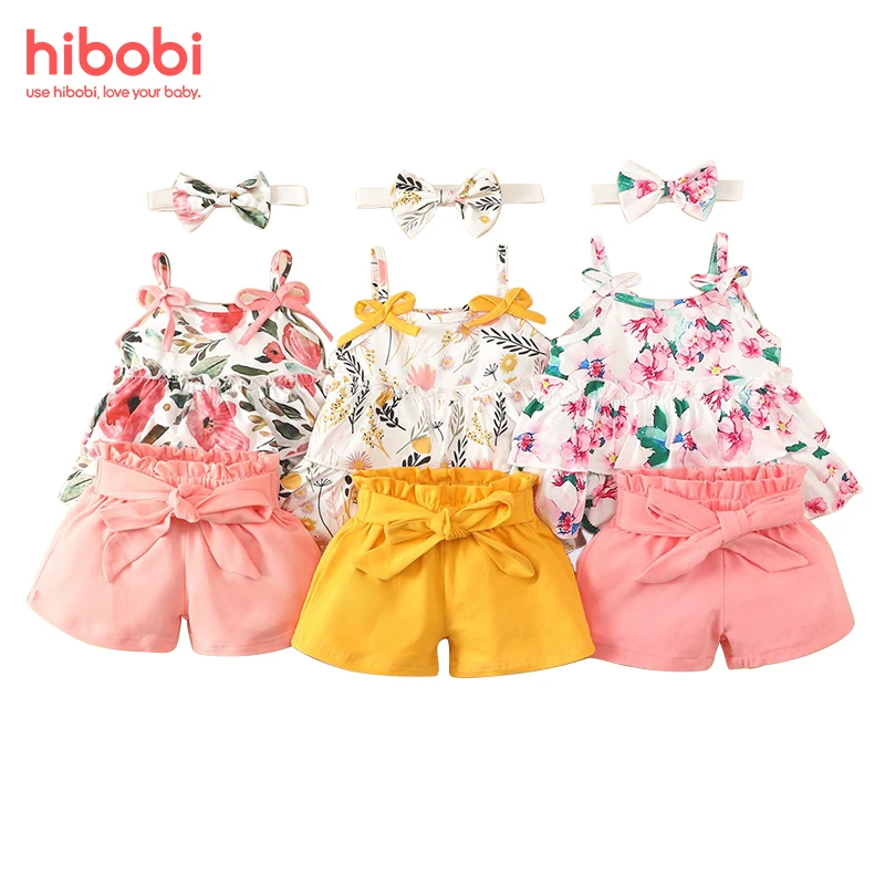 Baby Clothing Set comfotable hibobi Baby Girl Clothes Set 3 Pcs with Headband Summer Vest Sleeveless Children Sets Clothes Suit Casual Floral Outfits 3-24M baby clothes penguin set