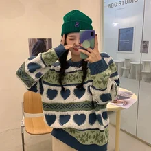 

Plush Thick Sweater Autumn and Winter New Striped Love Printing Wild Lazy Loose Style Simple Fashion Trend Korean Top