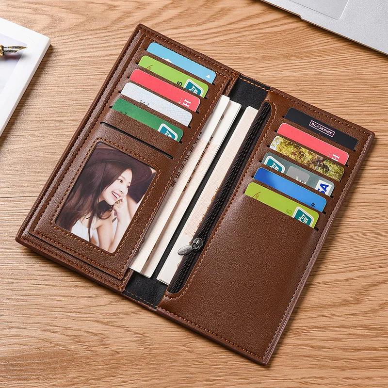 Elegant Men's PU Leather Long Wallet with Card Slots and Coin Pocket