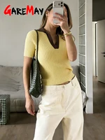 T-shirt élégant en tricot pour femme, jaune, manches courtes, style polo, 100% coton, haut d'été pour femme, Y2k, rose basique, t-shirt pour femme 5