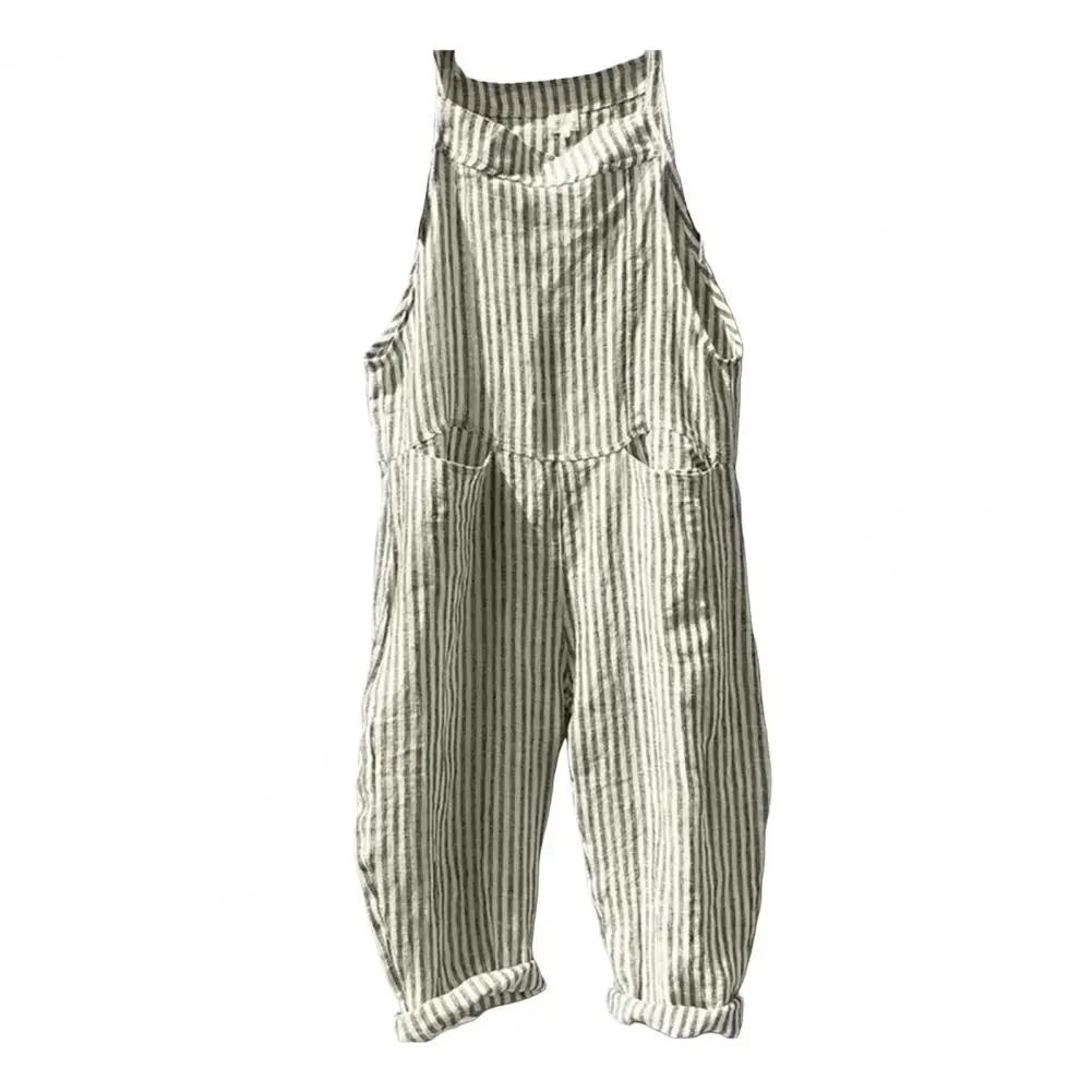 Striped Print Overalls Women Summer Jumpsuit Stylish Women's Striped Jumpsuit with Big Patch Pockets Plus Size Loose for Summer 1