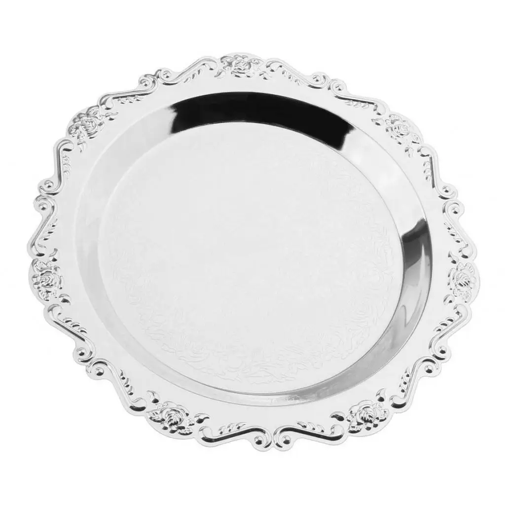 Description Picture 4 of itemSilver Round Metal Fruit Dish Pastry Plate Tea Dessert Serving Tray 25cm