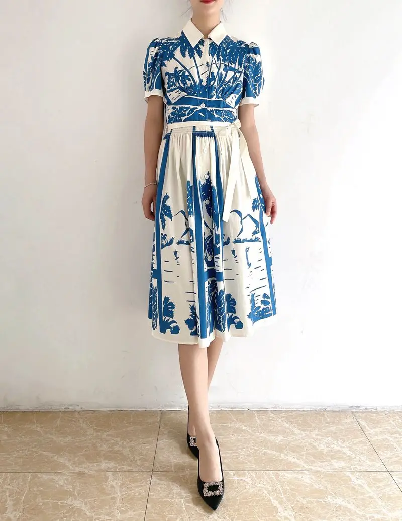 

New Summer Collections Blue Floral Print Cotton Midi Shirt Dress UK 6-UK14