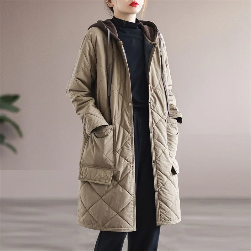 Cotton Jacket Long 2026 New Cotton Jacket Medium Long Loose mom Winter Diamond Grid Cotton Jacket Hooded Women's Coat Commuting