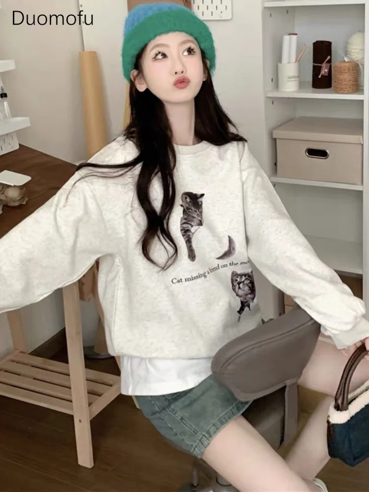 Duomofu New Harajuku Cute White Sweatshirt Women Japanese Style Cat Long Sleeve Pullover Y2k Kpop Streetwear Oversize Loose Tops
