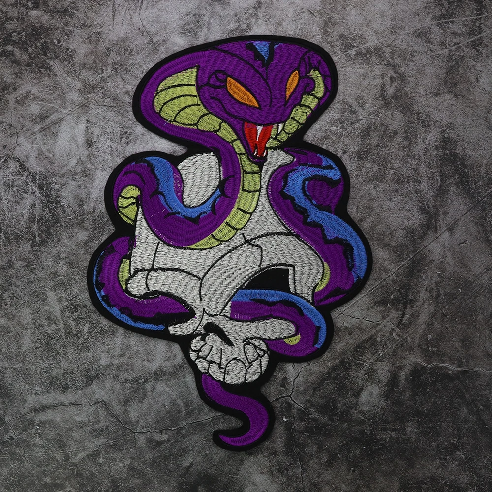 Crânio com cobra bordado remendo grande tamanho motociclista