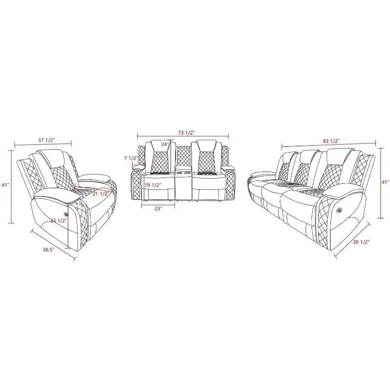 [Best Seller!]Multifunction Power Air Leather Recliner Sofa Set with LED Lights, Living Room Furniture, Reclining Sofa, loveseat