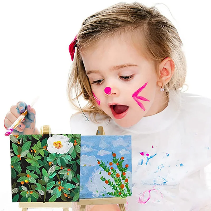 28Pcs Mini Canvas And Easel Brush Set, Canvas 4X4 Inch, Pre-Stretched Canvas, Mini Painting Kit, Kids Painting Party