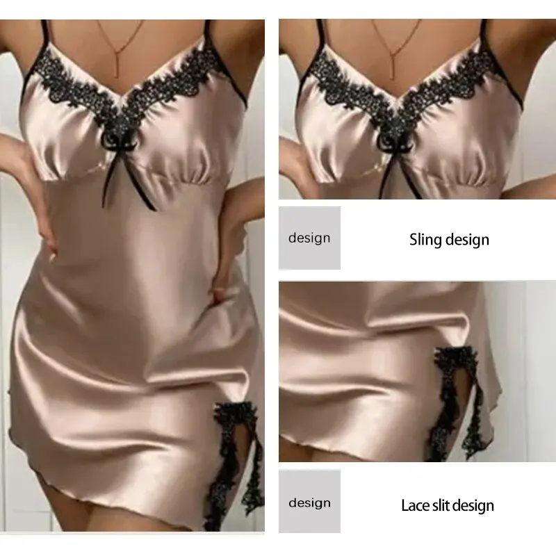 Summer Women Pajamas Deep V Sexy Sleeveless Lace Side Slightly Open Sling Straps Solid Color Dress Pajamas women pajamas
