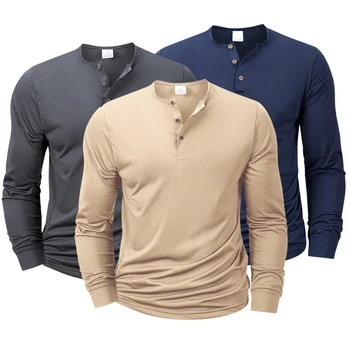 Men's Long Sleeved Henley Neck T-shirt Slim Fit Bottoming Shirt Fitness Tops Tees Button Neck Casual Cozy Tshirt 1