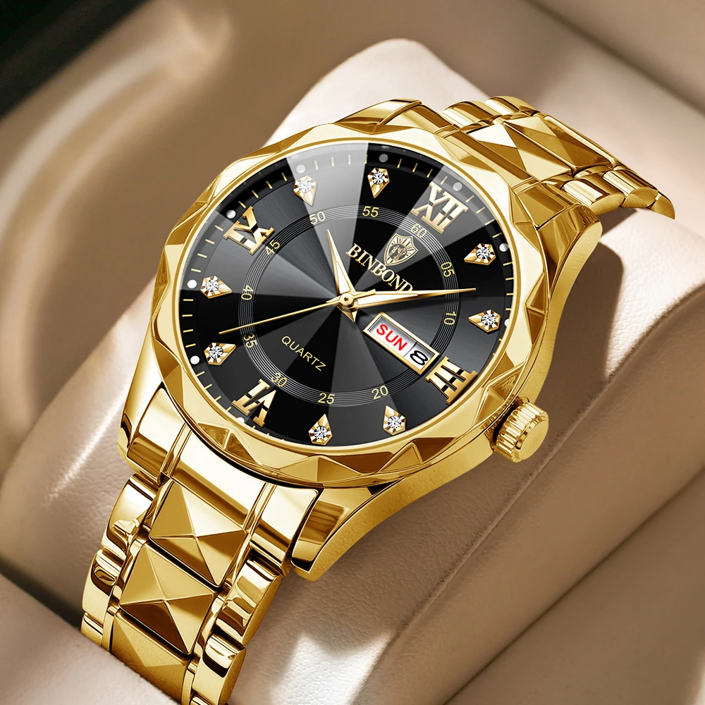 Waterproof Luminous Calendar Hand Clock Male's Business Wristwatch BINBOND B2521 Men's Quartz Watch Diamond Grid Strap Design