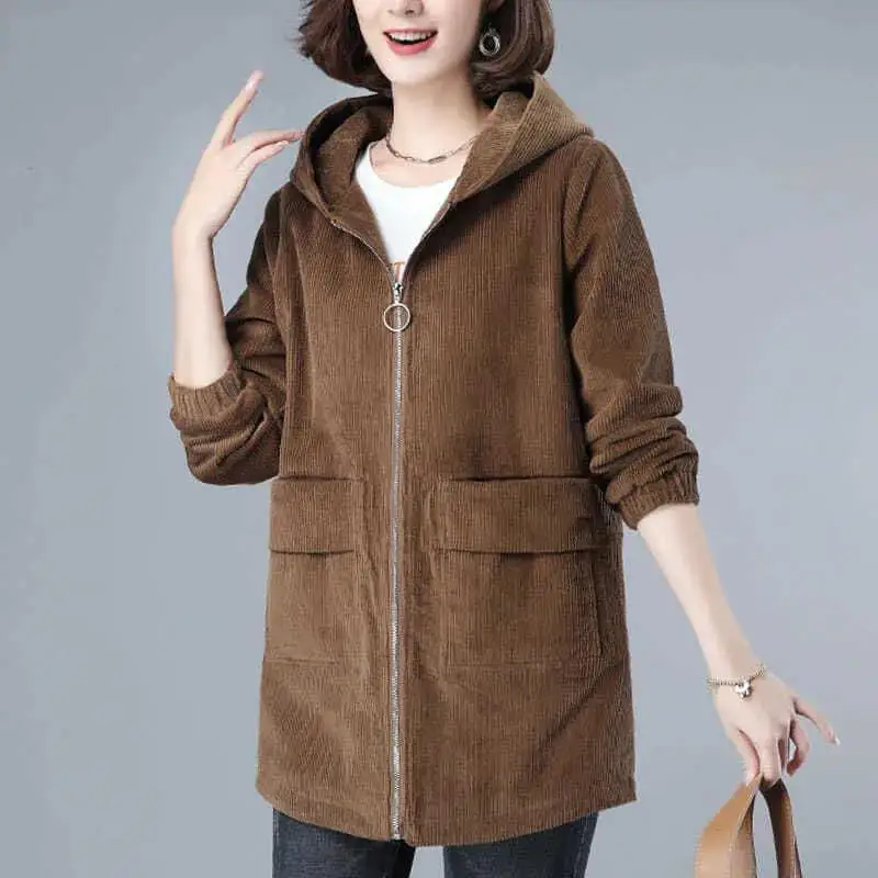 

Women Corduroy Jackets 2023 New Autumn Winter Solid Loose Outwaer Female Casual Middle-aged Warm Hooded Female Overcoats
