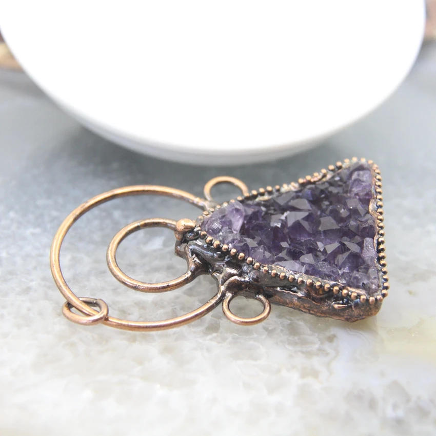 Large Amethysts Druzy Soldered Bronze Pendant,Bohemia Antique Copper Quartz Geode Charms Viintage Retro Necklace Jewelry Making