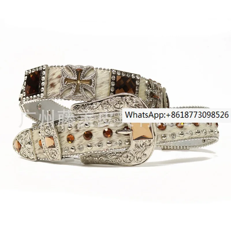

Spot European and American style foreign trade belt for men and women with diamond patches casual belt denim horse hair belt