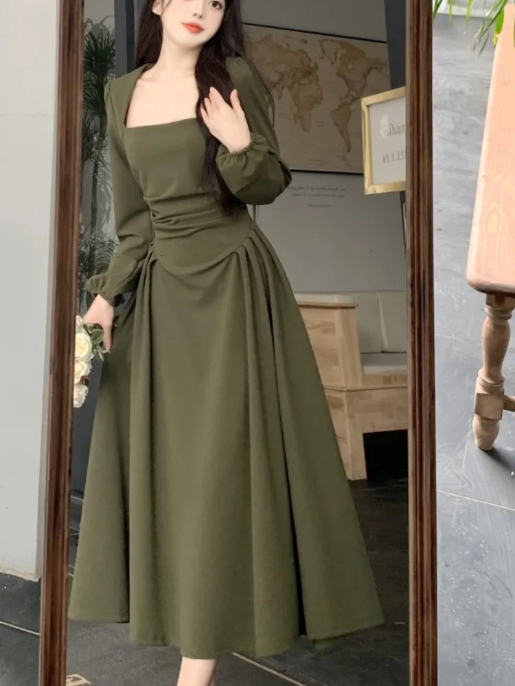 

Elegant Midi Party Dress Women A-line Long Sleeve Autumn Spring Casual French Vintage Solid Prom Robe Vestidos Para Mujer New
