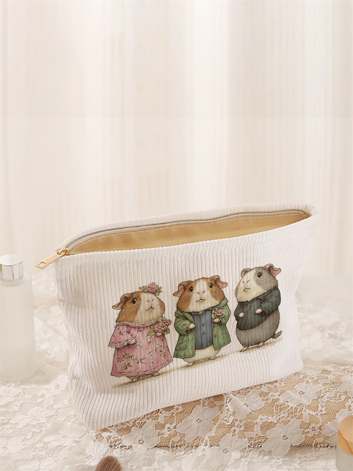 1 cute hamster patterned corduroy makeup bag, lightweight zipper makeup storage box, multifunctional bag with lining