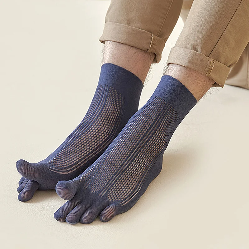 

Summer Mens Silk Socks Thin Nylon Five Finger Socks Middle Tube White Hollow Mesh Velvet Wide Mouth Loose Casual Socks With Toes