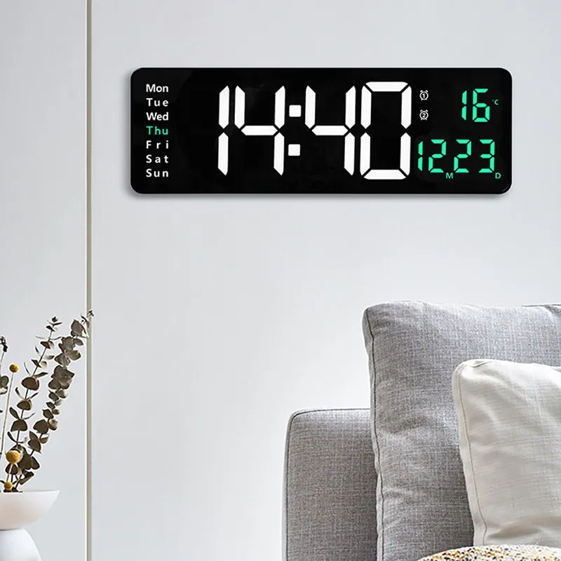 Large Digital Wall Clock Temp Date Week Display Remote Control Power Off Memory Table Clock Wall-mounted Dual Alarms LED Clocks Digital Clock