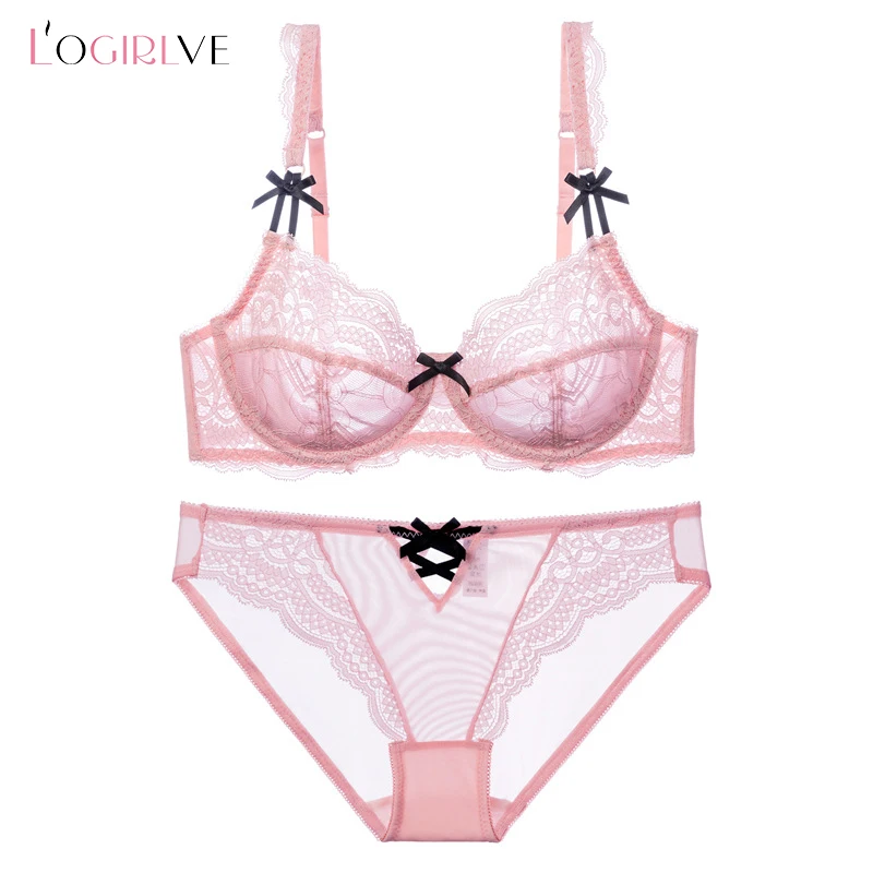 Logirlve Ultrathin Underwear Sexy Bra Set Plus Size 38 40 Lace Bra Embroidery Women Transparent Lingerie Set Brand Brassiere