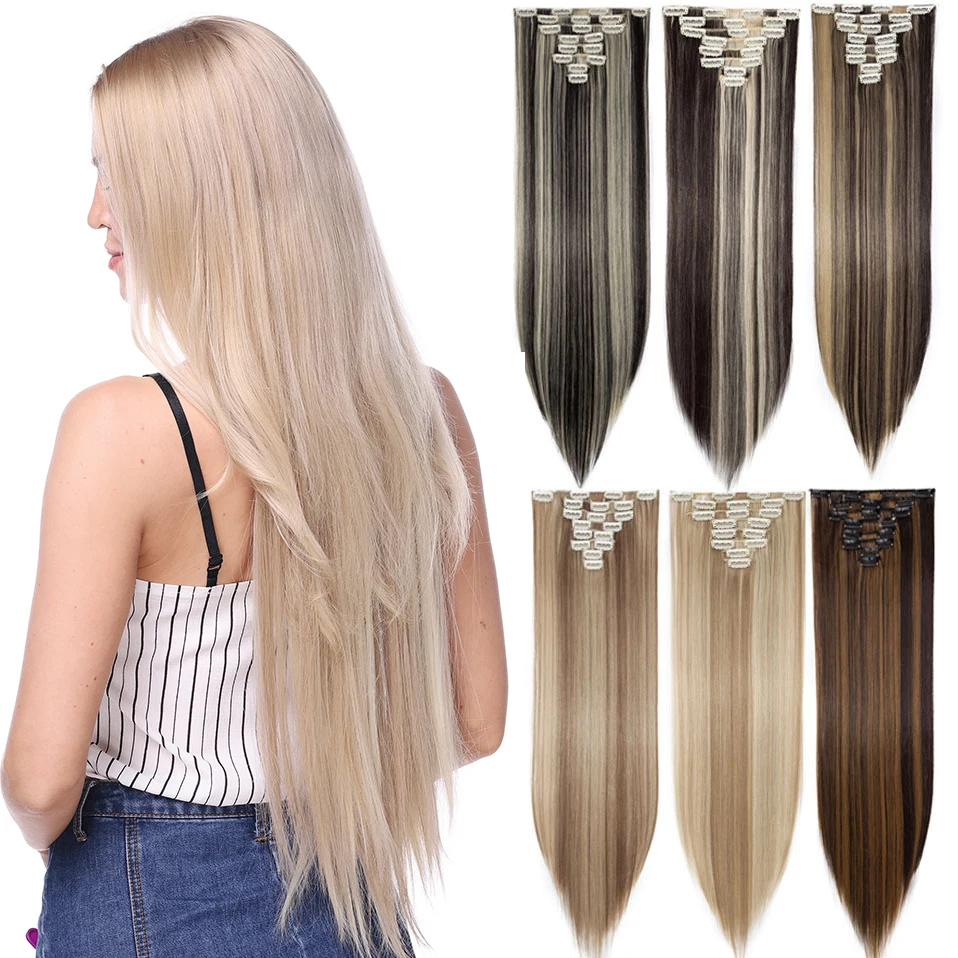 Hair Extensions S-noilite Synthetic Pcs/set Long Straight Clip In On Hair Extensions Black Brown Red Pink Purple Fake Hairpieces For Women