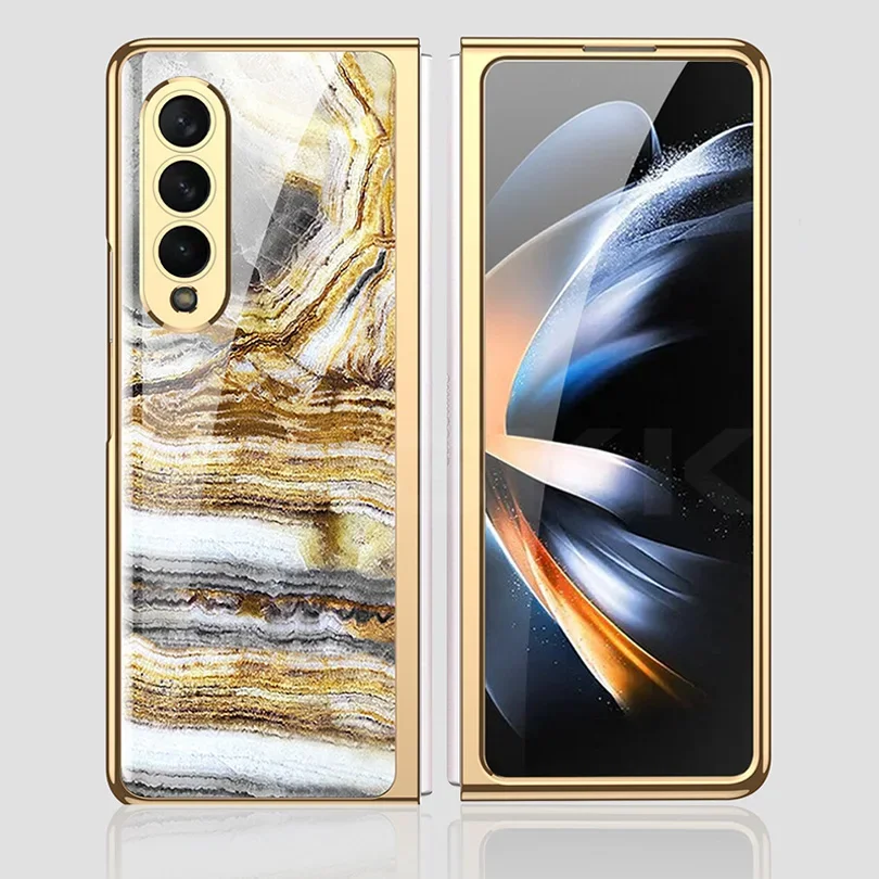 Luxury Plating Frame Case For Samsung Galaxy Z Fold 4 5G Painted Pattern Tempere