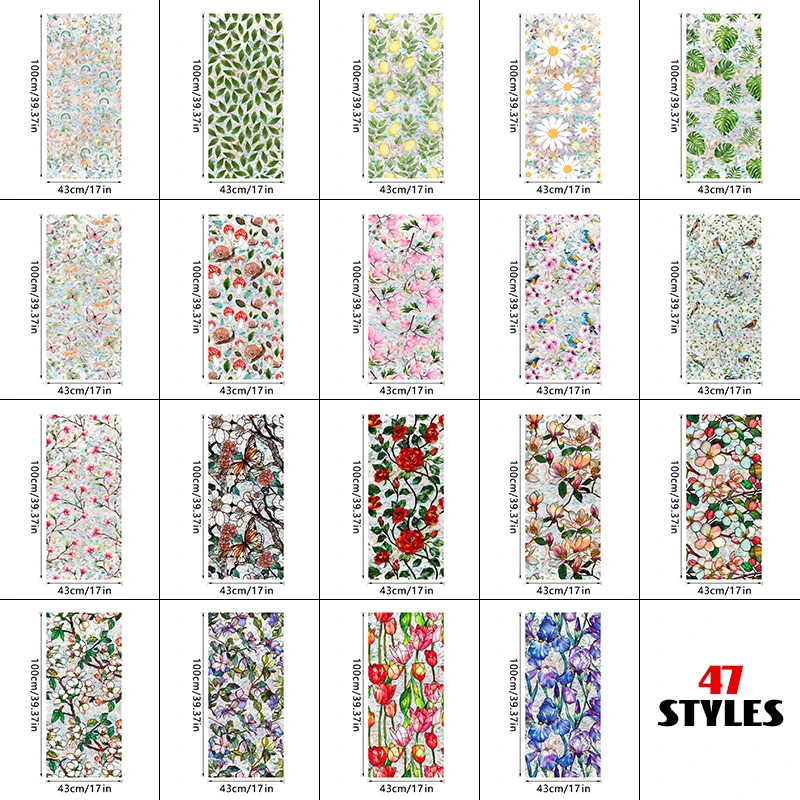 Window Film Window Privacy Film Window Tint Sticker Adhesive Vinyl Stickers Window Film Static Cling Privacy Protection Stained Glass PVC Colorful Plants Flowers Printed Home Decor