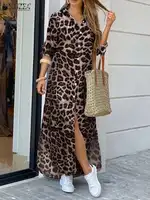 ZANZEA Party Vintage Leopard Robe Women 2025 Autumn Casual Long Sleeve Maxi Long Vestidos Dress Fashion Oversized Shirt Sundress - Image 3