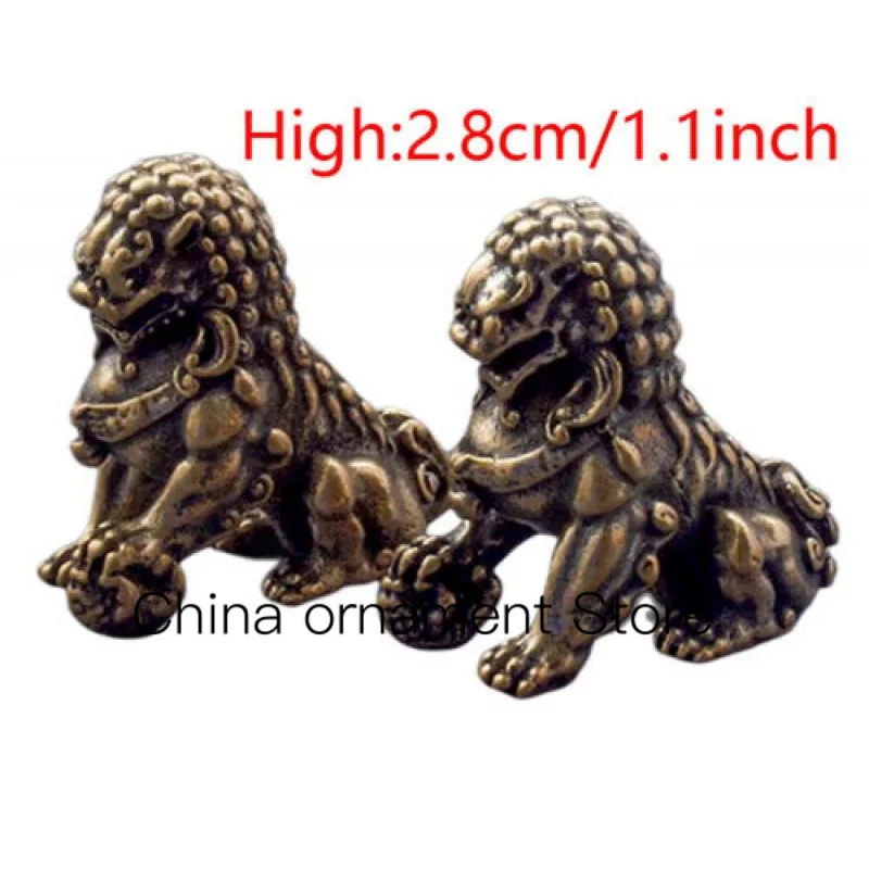 Antico Folk Copper Feng Shui Fu Dog Lion Guard Lion Mini Statue A Pair