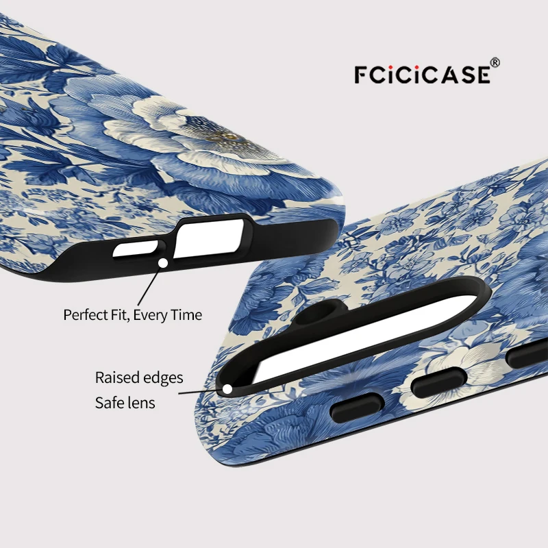 Blue Flower Pattern Shockproof Silicone Phone Case - Double-Layer Protection