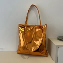 Glossy High - Capacity PU Leather Tote Bag - Stylish Casual Shoulder Handbag (Orange)