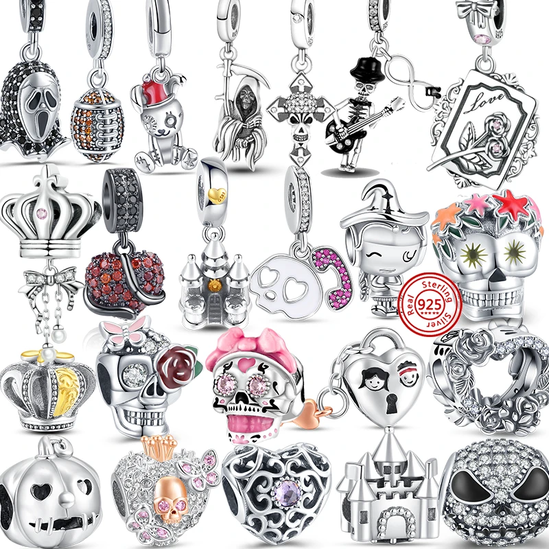

New 925 Sterling Silver Skull Pave Dangle Charm Ghost Horrifying Flower Fit Original Pandora Bracelets Women Jewelry Making Gift