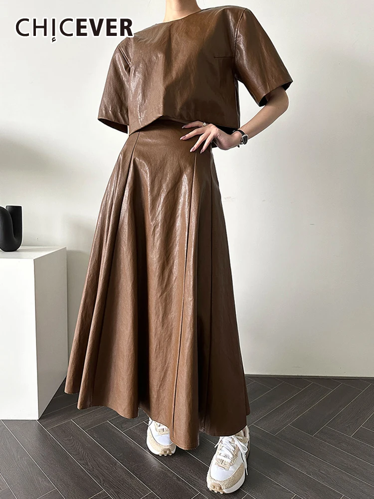 

CHICEVER Leather Two Piece Sets For Women Round Neck Short Sleeve Top High Waist A Line Midi Skirts Korean Vintage Set Female
