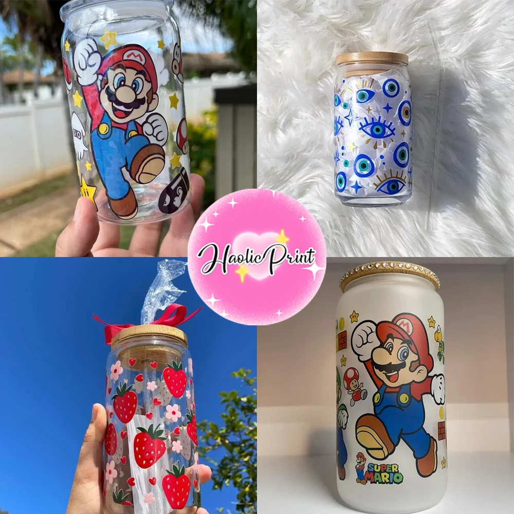 Mini Super Mario Bros UV DTF Cup Wrap For 16oz Libbey Beer Glass Can DIY Sticker Washable