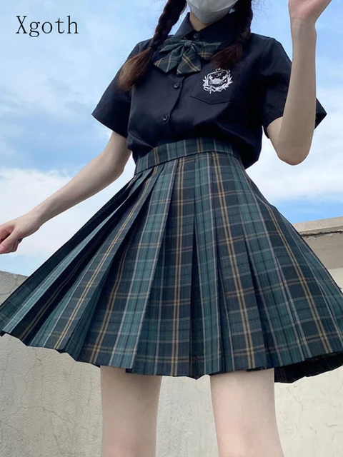 Xgoth-女性用の短い緑のプリーツスカート,日本のプレッピー,制服 ...