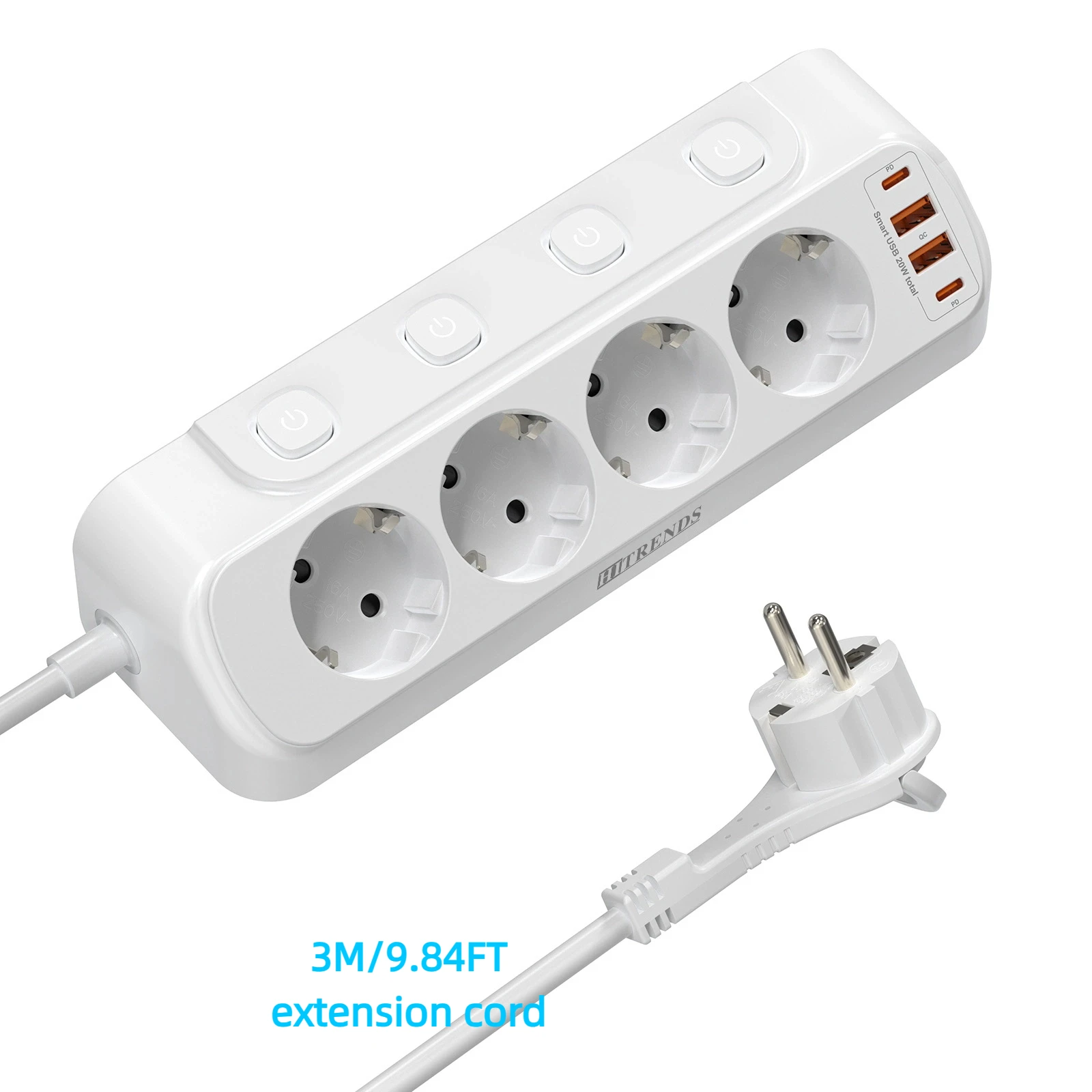 EU Plug Multi-Function Power Board with Fast Charging Ports and Extension Cord - White