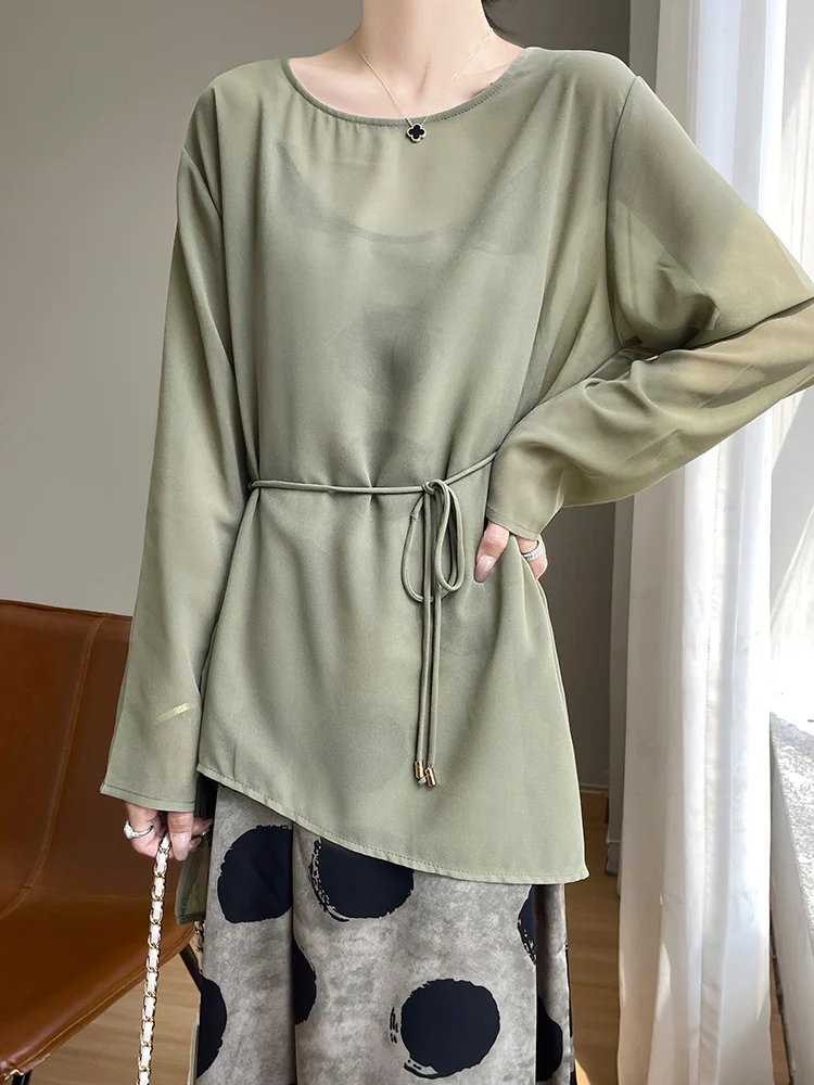 See-through Chiffon Long Sleeves Thin Sun-proof Shirt Women Summer O-neck Simple Casual Solid Temperament Sheer Vacation Clothes