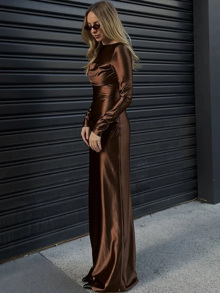 Nibber Fashion Silky Satin Long Dress Woman Autumn Trend o-Neck Full Sleeve High Waist Robe Daily Casual Ruched Elegant Vestidos