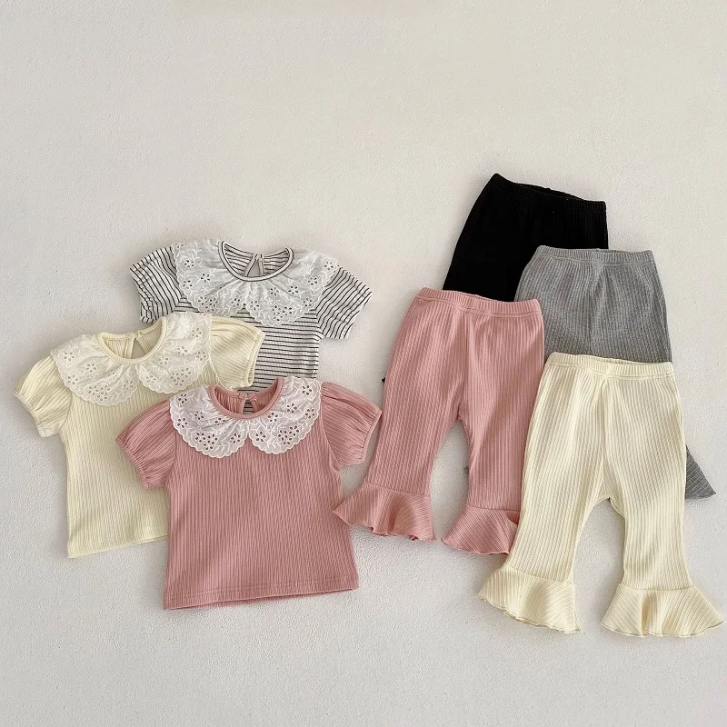 

Summer Baby Clothes Flower Embroidered Collar Rib Short Sleeve T-Shirt + Trousers Baby Clothing Outfit Stretch Flared Pants Sets