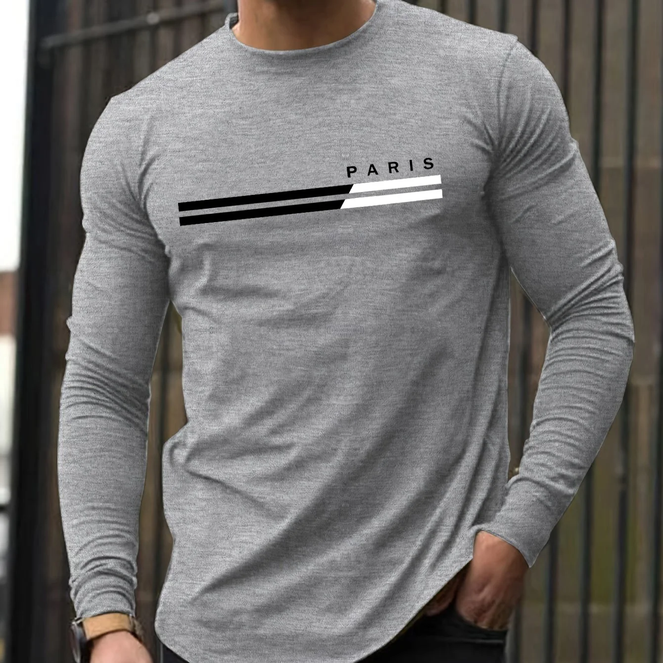 تي شيرت رجالي 100% من القطن الخالص فضفاض مناسب للرياضة والترفيه بنمط حروف باريس مطبوع برقبة دائرية وأكمام طويلة