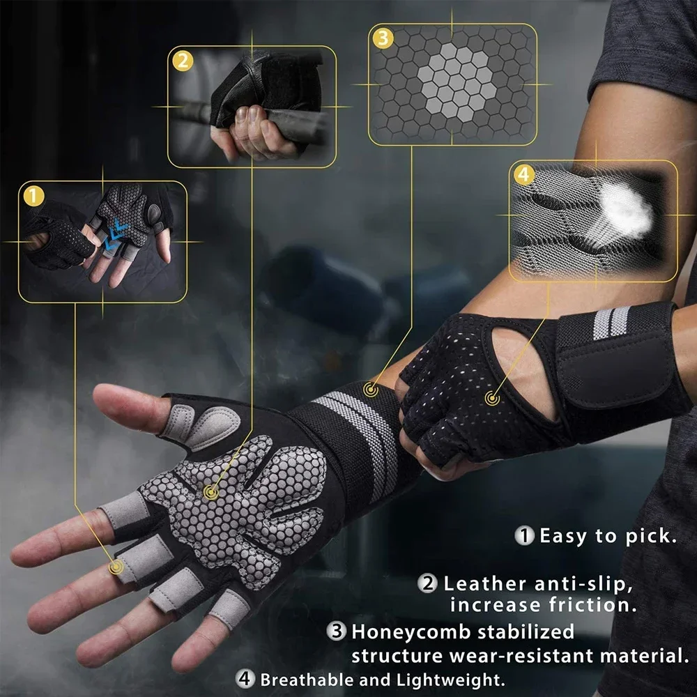 1Pair Workout Gloves Men Women Weight Lifting Gloves with Wrist Wraps Support for Gym Training, Full Palm Protection for Fitness