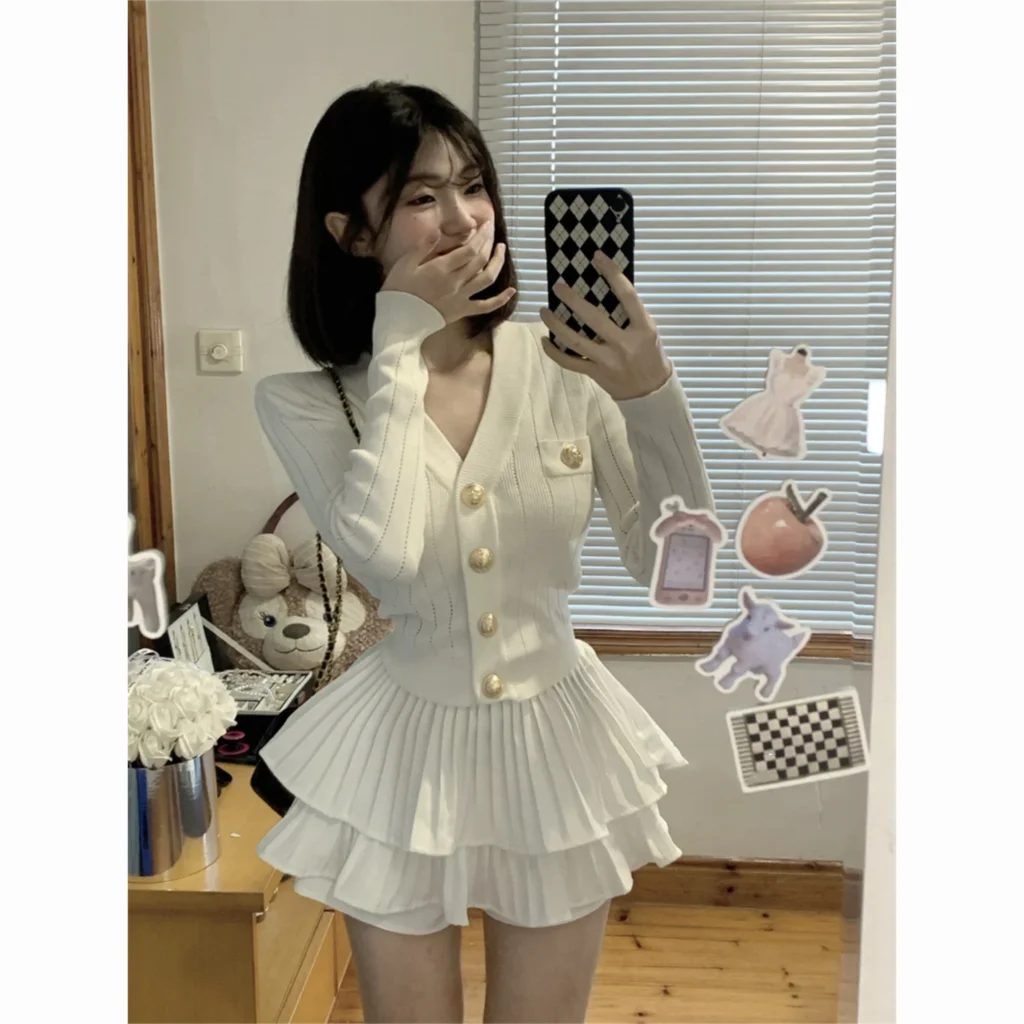 Autumn Korean Fashion Knitted Two-piece Skirt Set Women Casual Single Breasted V-neck Sweater Mini Ruffles Skirt Y2K New Outfits