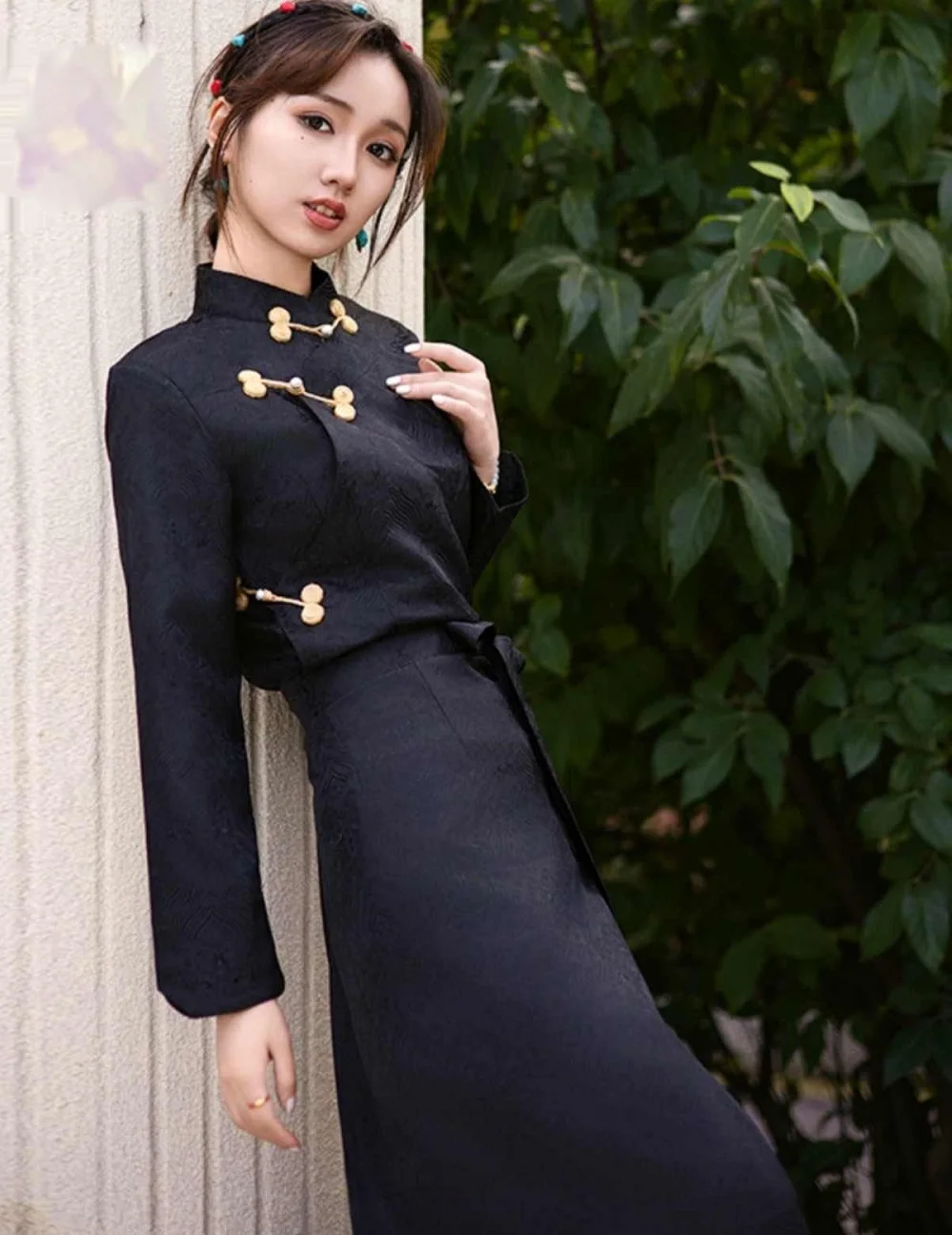 Tibetan Clothing Women's Improved Tibet Bola Dress Solid Color Stand Collar Robe Lhasa Travel Photography Senior Black Gown Girl