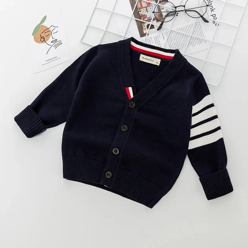 아동용 줄무늬 순면 가디건 코트, 긴팔 V넥 니트 sweater1-7Y, 한국 스웨터, 남아 용수철 가을