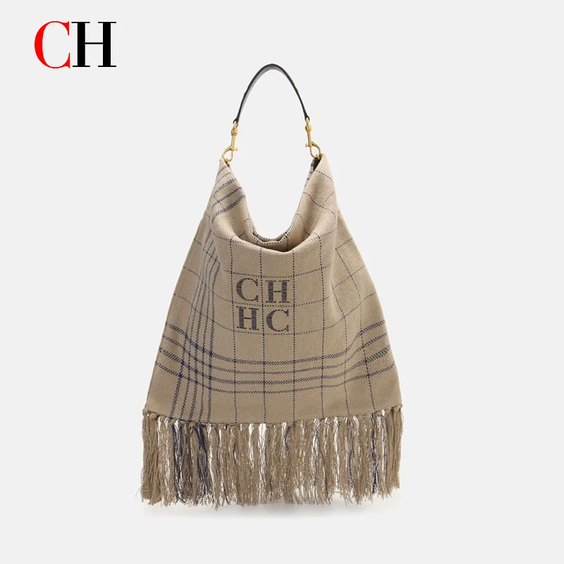 Borsa Hobo Vintage CH in Pelle Scamosciata con Frange per Donne, Borsa a Spalla con Lettere in Rilievo e Grandi Nappe, Borsa da Viaggio Quotidiana - immagine 4