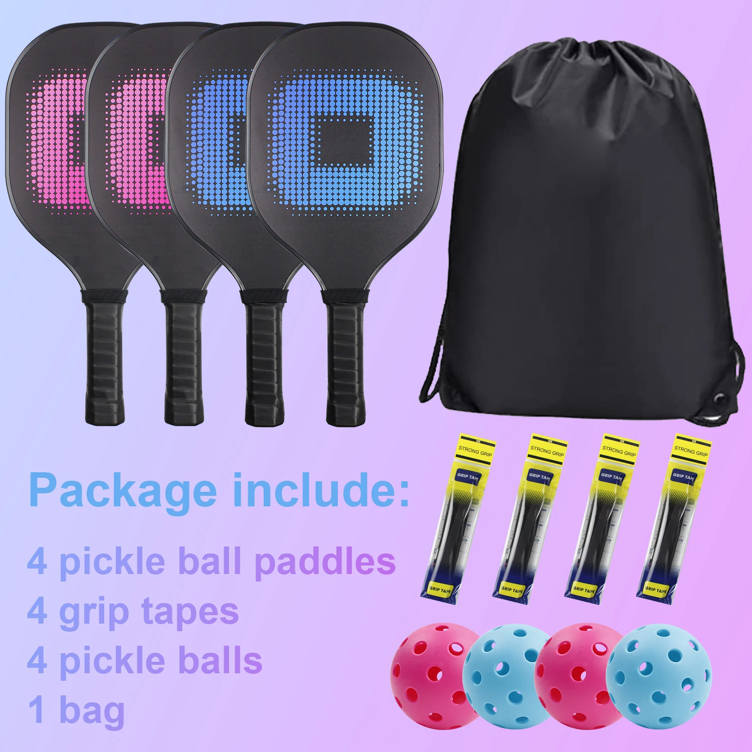 Pickleball Paddles Set with 4 Wood Pickleball Rackets & 4 Balls & Grip Tapes Portable Carry Bag for Indoor/Outdoor Sports